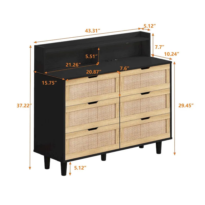 Akzent-Aufbewahrungsschrank 6 Schubladen Rattan-Schublade mit LED-Beleuchtung und Steckdose