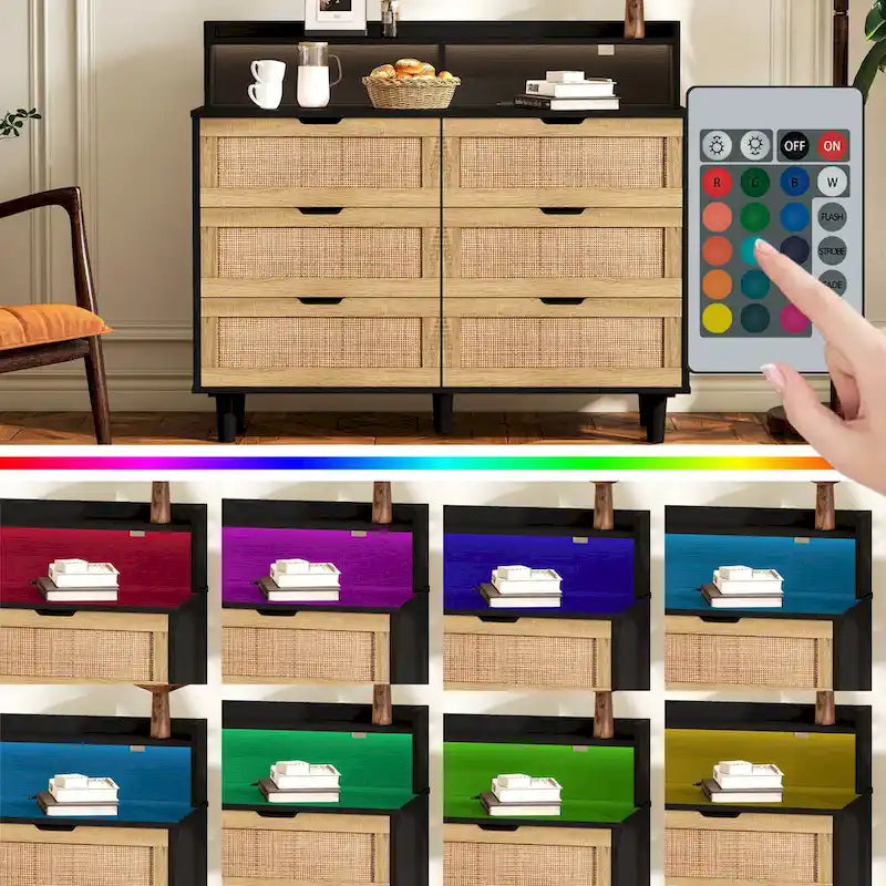 Akzent-Aufbewahrungsschrank 6 Schubladen Rattan-Schublade mit LED-Beleuchtung und Steckdose