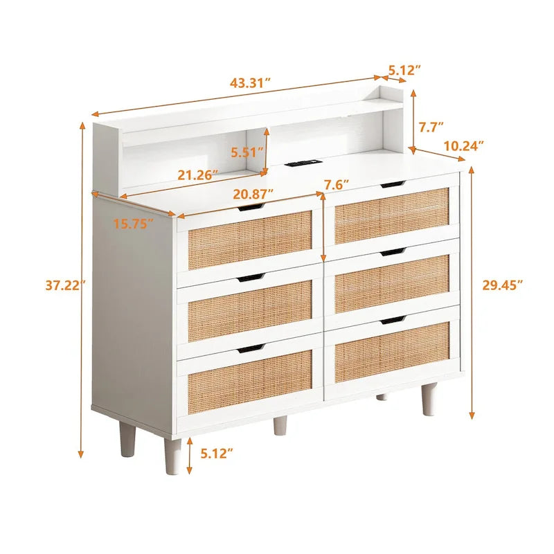 Akzent-Aufbewahrungsschrank 6 Schubladen Rattan-Schublade mit LED-Beleuchtung und Steckdose