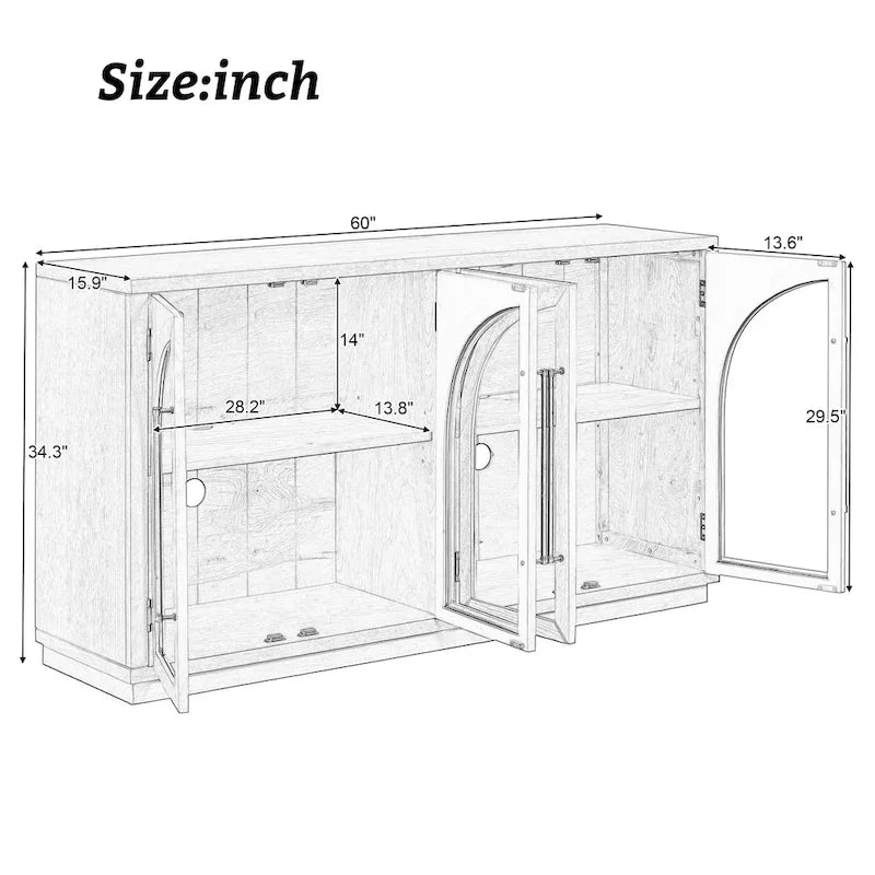 Retro Sideboard mit 4 Türen, Metallgriffen und verstellbaren Einlegeböden