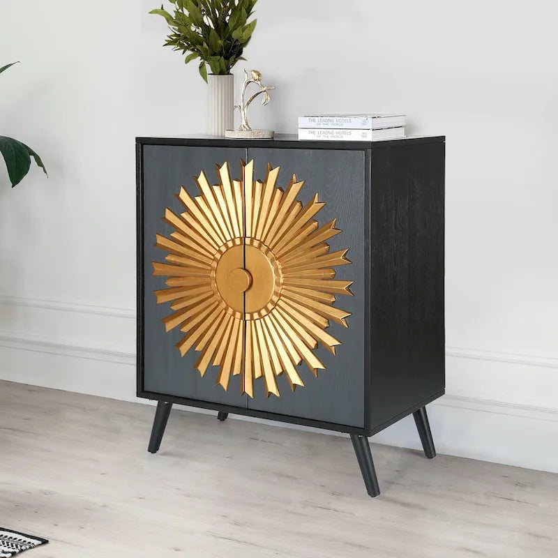 Akzentschrank aus Massivholz mit 2 Türen und Sonnenstrahl-Design, 41,9 cm B x 80 cm T x 97,8 cm H