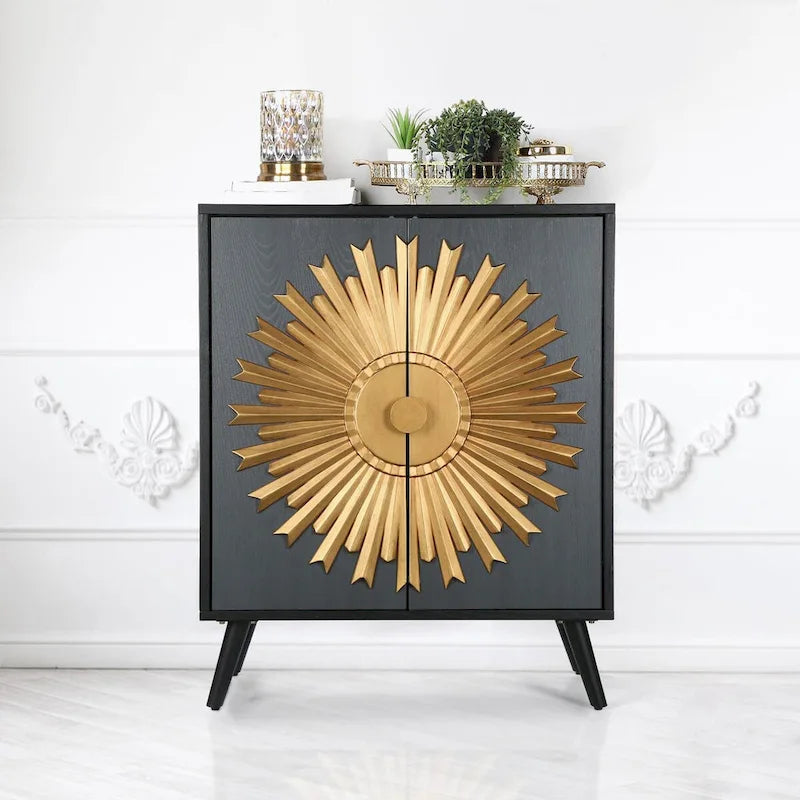 Akzentschrank aus Massivholz mit 2 Türen und Sonnenstrahl-Design, 41,9 cm B x 80 cm T x 97,8 cm H