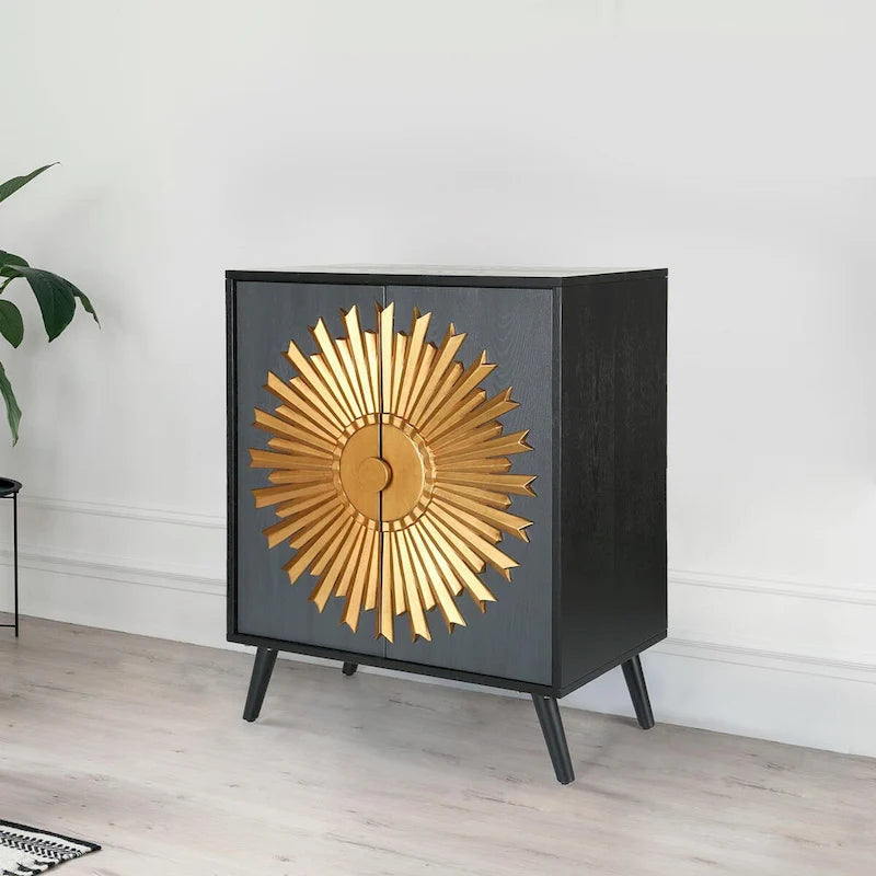 Akzentschrank aus Massivholz mit 2 Türen und Sonnenstrahl-Design, 41,9 cm B x 80 cm T x 97,8 cm H