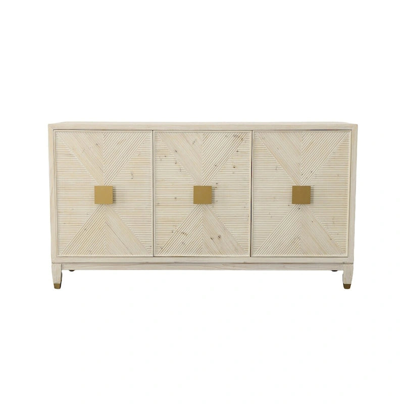 3-türiges Sideboard aus gekälktem Kiefernholz mit goldfarbenen Beschlägen, 66,25 B