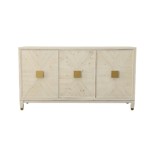 3-türiges Sideboard aus gekälktem Kiefernholz mit goldfarbenen Beschlägen, 66,25 B