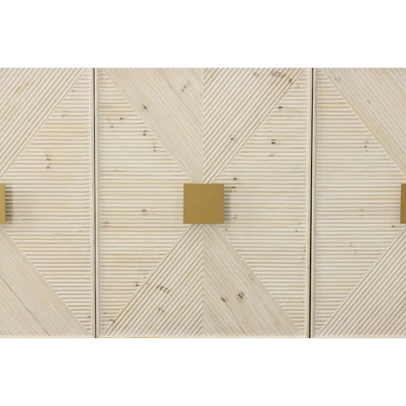 3-türiges Sideboard aus gekälktem Kiefernholz mit goldfarbenen Beschlägen, 66,25 B