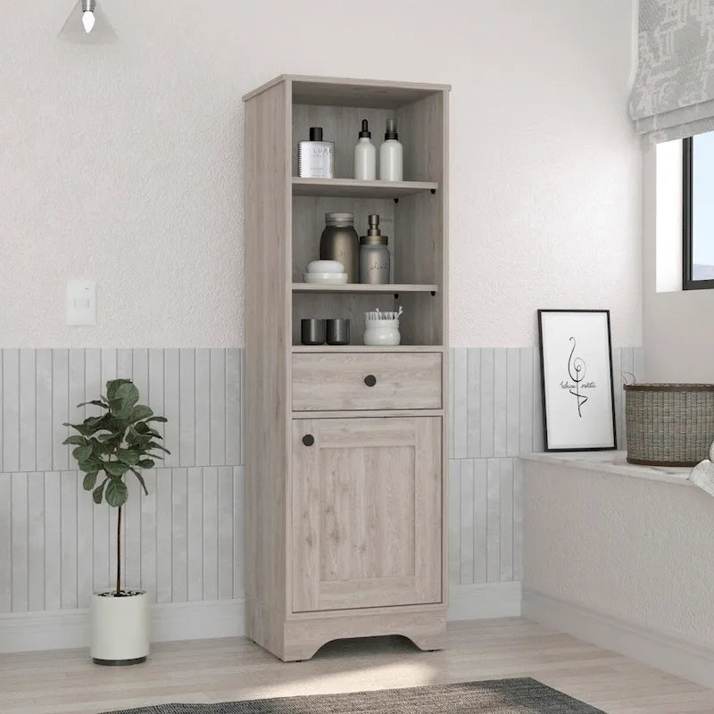 Badezimmerschrank mit offenen Regalen, Schublade und einer Tür