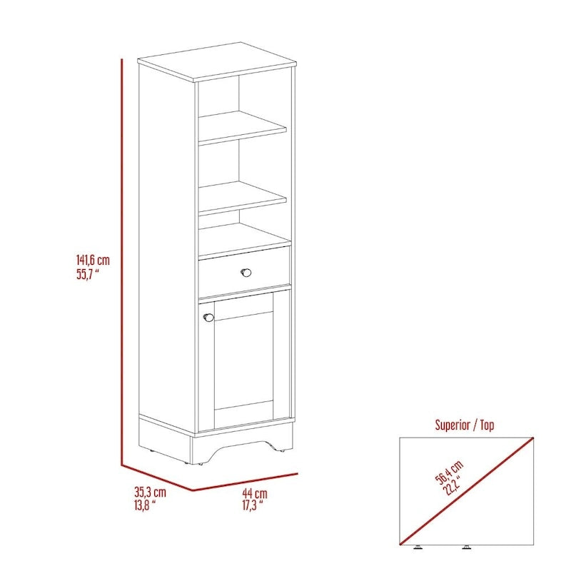 Badezimmerschrank mit offenen Regalen, Schublade und einer Tür
