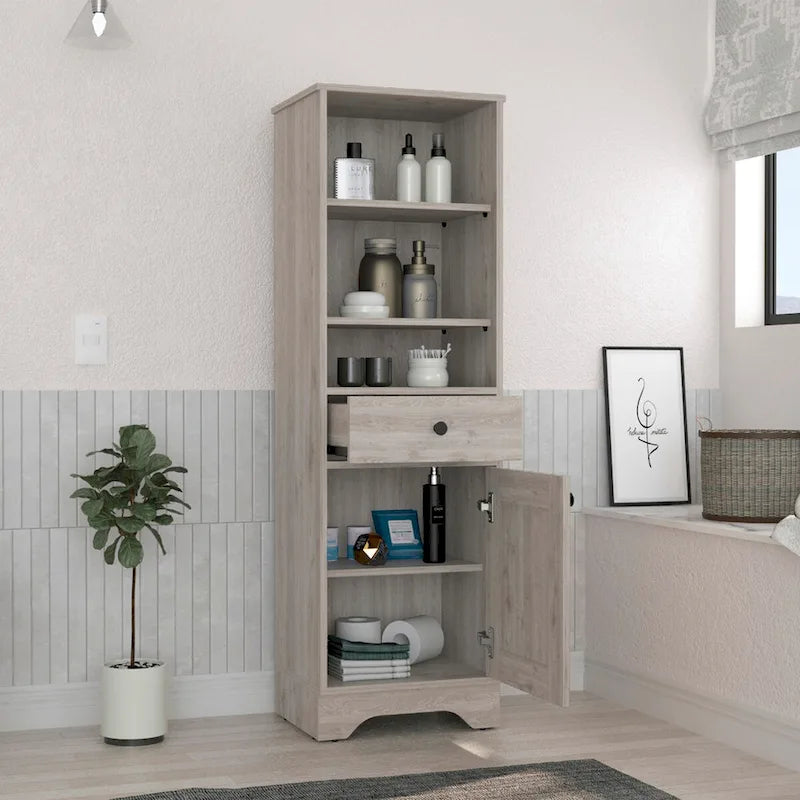 Badezimmerschrank mit offenen Regalen, Schublade und einer Tür