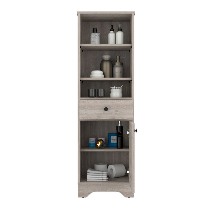 Badezimmerschrank mit offenen Regalen, Schublade und einer Tür
